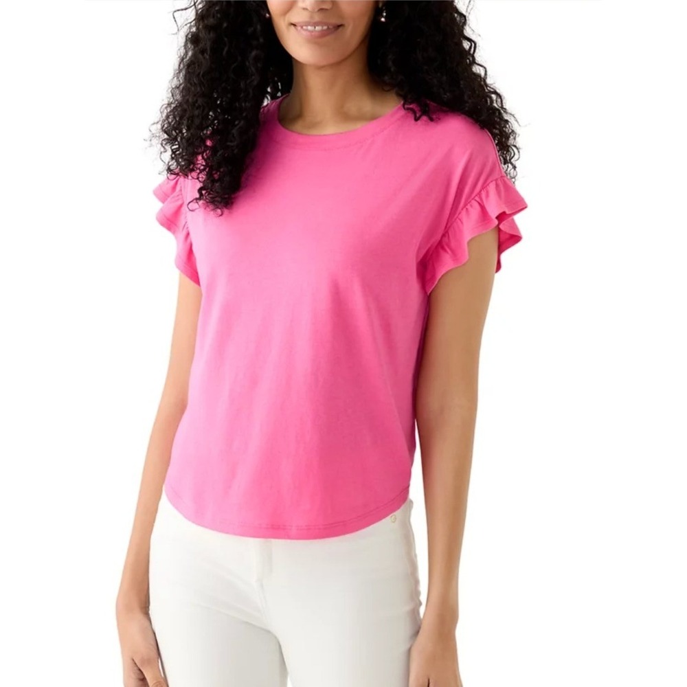 Crown & Ivy Women's Size Petite Medium Ruffle T-Shirt Pink Party Crewneck Cotton
